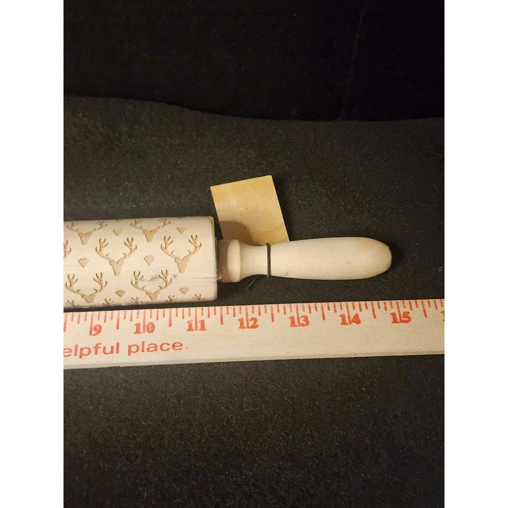 Creative Co-Op 15in Carved Wood Rolling Pin Deer Antler Pattern XS1346A NEW